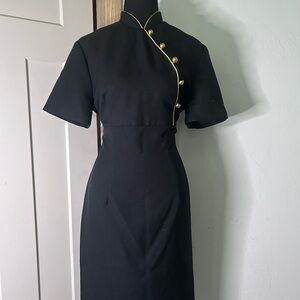 Vintage 80s/90s Black Mandarin Collar Sheath Dress with Gold Trim Kill Bill Uma